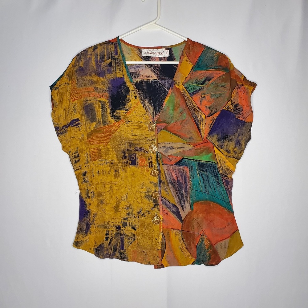 Componix 90s Button Top Women Large‎ 16 Artsy Multicolor Rainbow Dopamine City